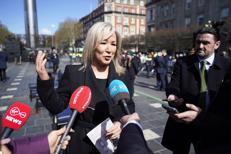 First Minister Michelle O’Neill speaks to the media following a ceremony at the GPO on O’Connell Street in Dublin to mark the anniversary of the 1916 Easter Rising