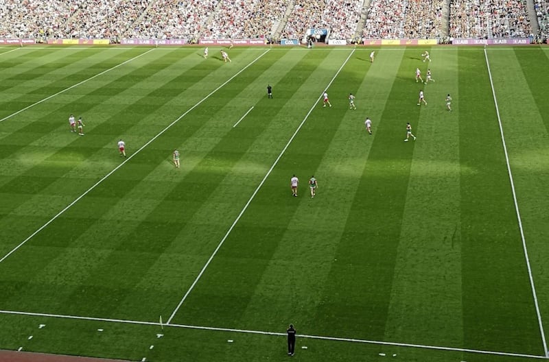 A photograph taken from the press box during an early Mayo attack shows Tyrone had engaged in a man-to-man from the very start of Saturday&#39;s final. Picture: Cahair O&#39;Kane 
