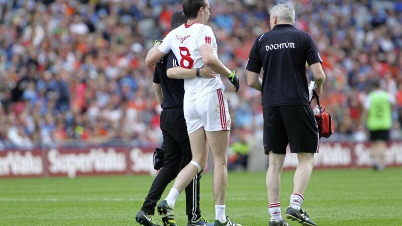 Colm Cavanagh is carried off the Croke Park pitch in the later stages of Tyrone&#39;s win over Armagh. The midfielder is confident that he will be fit to face Dublin on August 27 