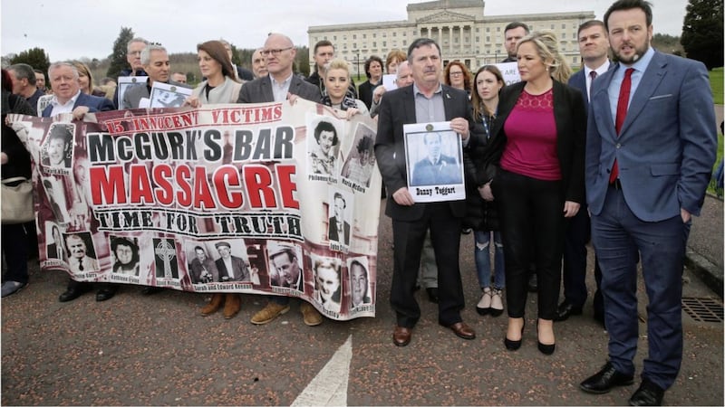 Ballymurphy Families and MLAs at Stormont during a protest over the funding of inquests but Professor Rea thinks it is time to draw a line under the past. Picture by Hugh Russell. 