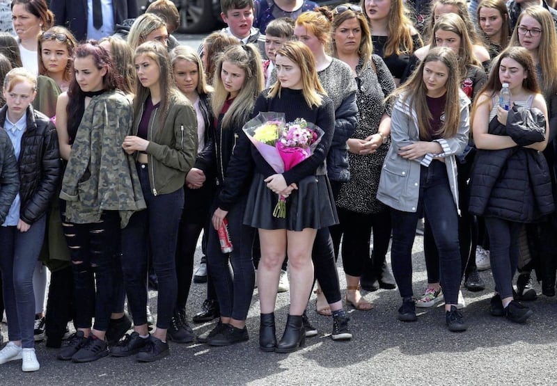 Friends and family of Caitlin White at her funeral at the Church of the Assumption in Newry 