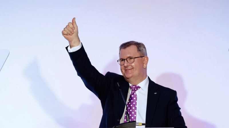 DUP party leader Sir Jeffrey Donaldson addresses delegates at their party conference at the Ramada Hotel in Belfast. Picture date: Saturday October 8, 2022. PA Photo. See PA story ULSTER DUP. Photo credit should read: PA Wire. 