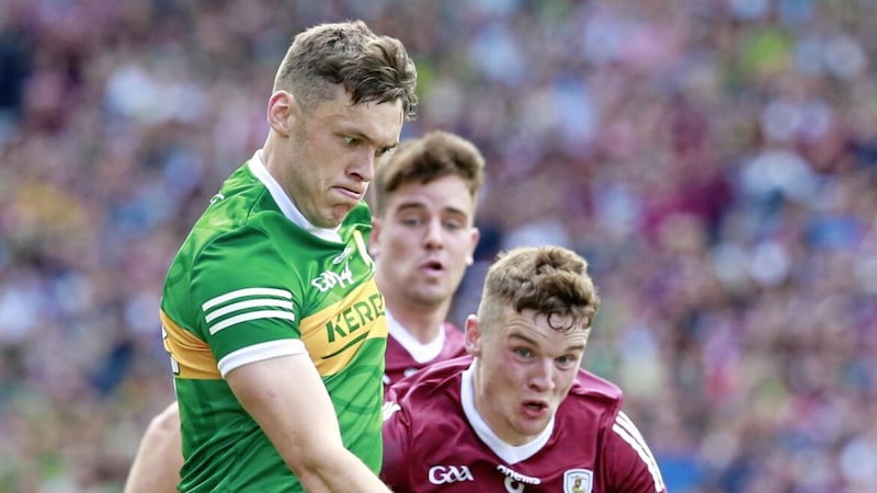 Galway&#39;s John Daly (right) pictured trying to stop the Kerry attacker. Daly&#39;s kick-passing was a glowing feature of Galway&#39;s play this season Picture: Philip Walsh. 