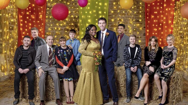 Emmerdale cast members at the wedding of Marlon and Jessie, which airs on Christmas Day 