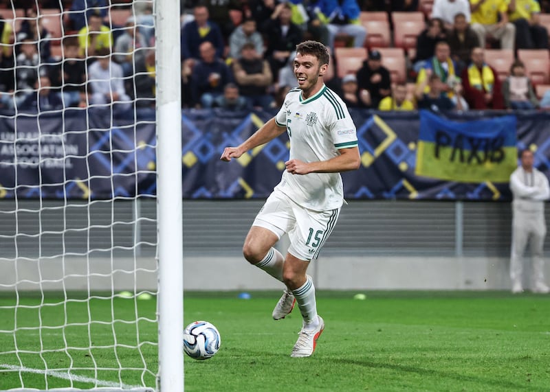 Northern Ireland’s Ruairi McConville follows the ball into the net after Ukraine's Dmytro Riznyk lets Ciaron Brown’s shot go through his hands during Friday night's UEFA Nations League game at the Štadión Antona Malatinského in Slovakia. Photo William Cherry/Presseye