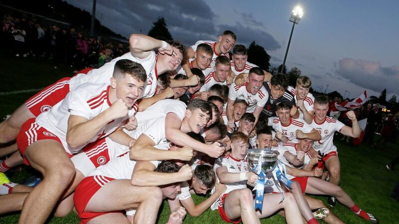 Tyrone celebrate winning the 2021 Electric Ireland Ulster Minor Football Championship.<br /> Pic Philip Walsh