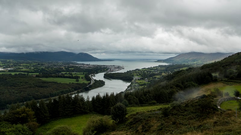 Narrow Water Point and Warrenpoint Port seen from from Flagstaff Viewpoint on the hills outside Newry where the Newry River flows out to Carlingford Lough, the UK and Republic of Ireland share a border through the lough