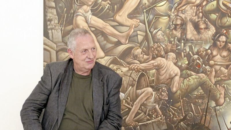 Peter Howson at Flowers Gallery, Cork Street, London in front of his painting Phlegethon (The Fiery Third River of Hell), 2021 