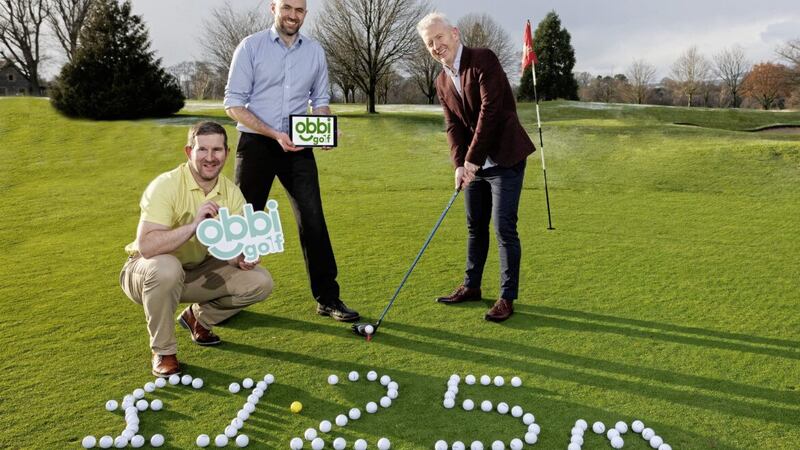 GET IN THE HOLE: Obbi Golf founder and chief executive Gareth Macklin (left) and its chief product officer Chris McAtackney with investor and new chairman Patrick McAliskey (right) 
