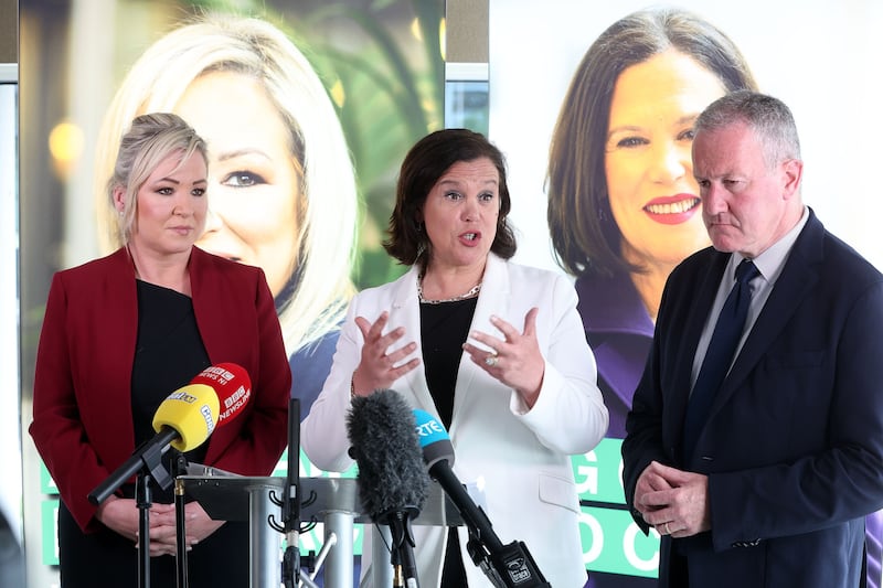 Sinn Fein's Michelle O'Neill, Mary Lou McDonald and Conor Murphy at a press conference in Belfast. Picture by Mal McCann