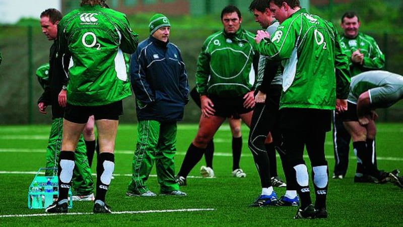 Ireland coach Eddie O'Sullivan with his squad during a training session at University College Dublin on Tuesday January 29 2008
