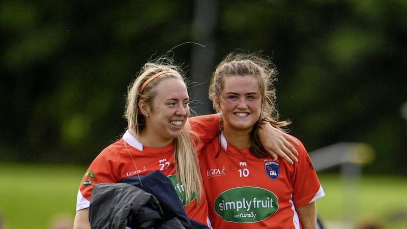 29 July 2017; Armagh players Tanya McCoy and Aimee Mackin celebrate following the TG4 All Ireland Senior Championship Qualifier match between Armagh and Westmeath at Lannleire GFC, Dunleer in Louth. Photo by Sam Barnes/Sportsfile.