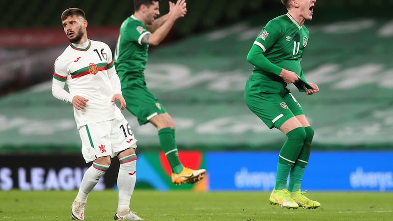 Ronan Curtis and Robbie Brady curse their luck as another Republic of Ireland chance goes begging. Picture by PA