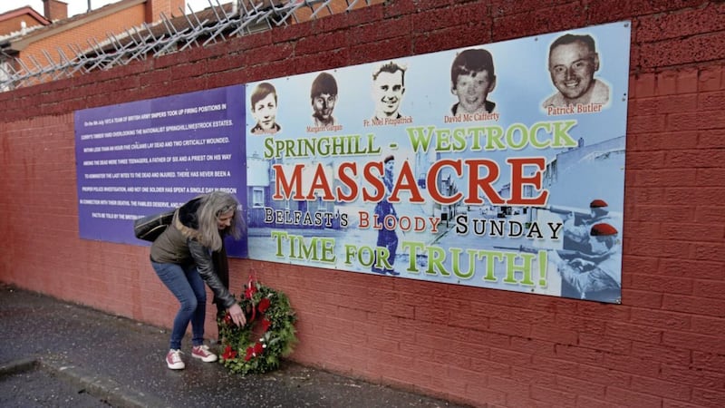 A Mass was held yesterday in Corpus Christi Church for the families of those who lost their loved ones in the Springhill/Westrock Massacre during July 9 1972. Wreaths were laid at the new mural which was unveiled yesterday. The Springhill Massacre claimed five lives, Margaret Gargan, 13, John Dougal, 16, David McCafferty, 15, Patrick Butler, 39, and Father Noel Fitzpatrick, 40, on 9 July 1972. Picture by Ann McManus. 