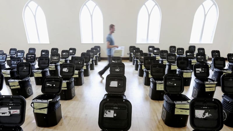 Ballot boxes gathered at Glengormley Methodist church ahead of today&#39;s General Election. Picture by Niall Carson/PA Wire. 