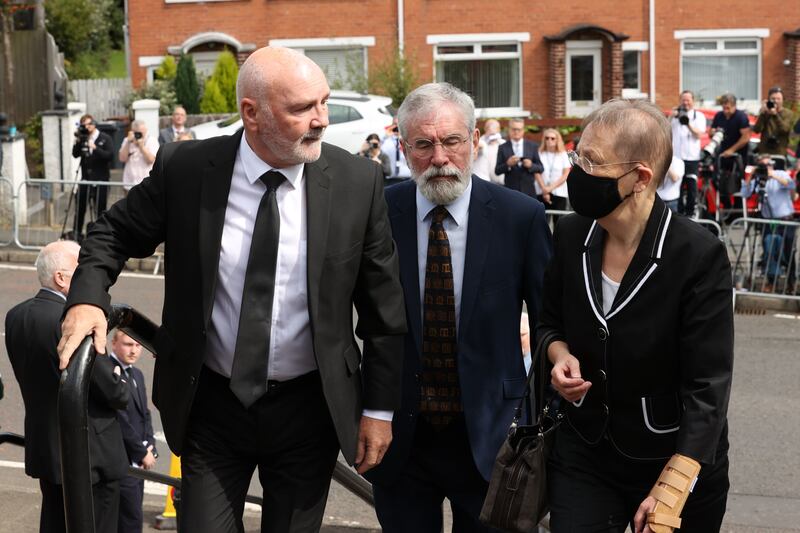 (left to right) Speaker of the Assembly Alex Maskey, former Sinn Féin President Gerry Adams, and Barbara De Brún, arrive for the funeral of former first minister and UUP leader David Trimble, who died last week aged 77, at Harmony Hill Presbyterian Church, Lisburn. Picture date: Monday August 1, 2022. PA Photo. See PA story ULSTER Trimble. Picture by Liam McBurney/PA Wire
