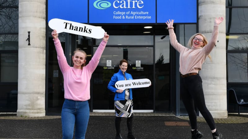 Alison Donaghy (left) from Dungannon and Ellie Kee (right) from Castlederg thank CAFRE Careers Adviser, Liz Simpson for helping them make their best decision, to study on the BSc (Hons) Degree in Food Innovation and Nutrition course at CAFRE, Loughry Campus&nbsp;