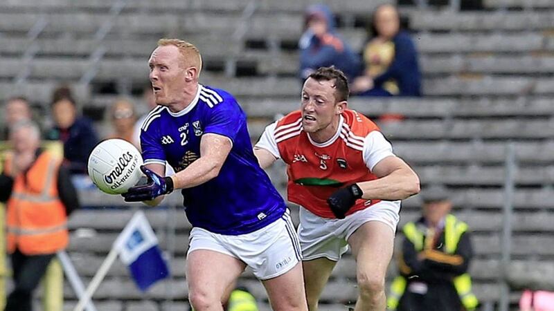 Cavan's Cian Mackey and Armagh's Ryan Kennedy battle it out in Sunday's Ulster Championship semi-final draw in Clones.<br /> Picture by Philip Walsh.