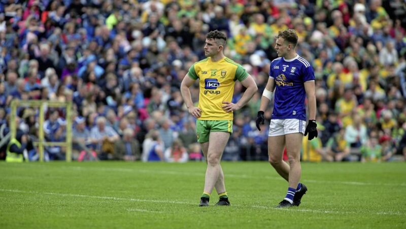 Donegal&#39;s Patrick McBrearty and Cavan&#39;s Padraig Faulkner in last year&#39;s Ulster Football Championship final at Clones. Picture Seamus Loughran 