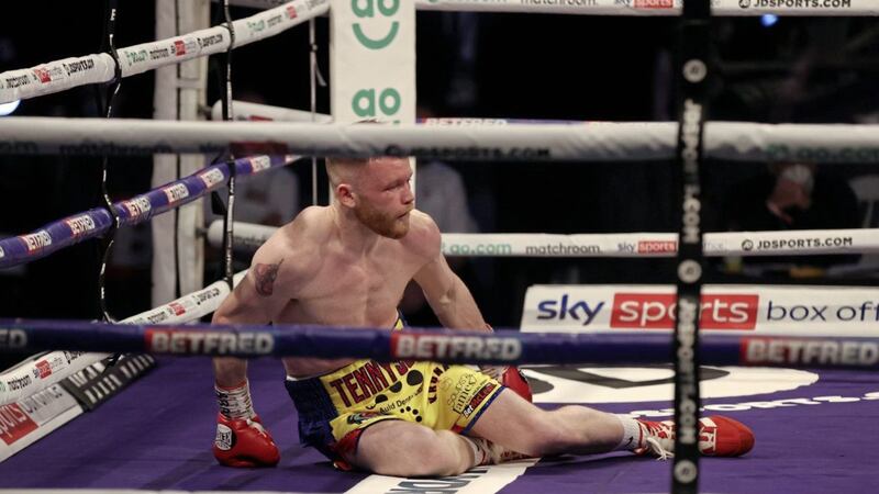 James Tennyson was stopped in the first round by Jovanni Straffon when they fought for the vacant IBO World Lightweight title on Saturday. Picture: Mark Robinson Matchroom Boxing 