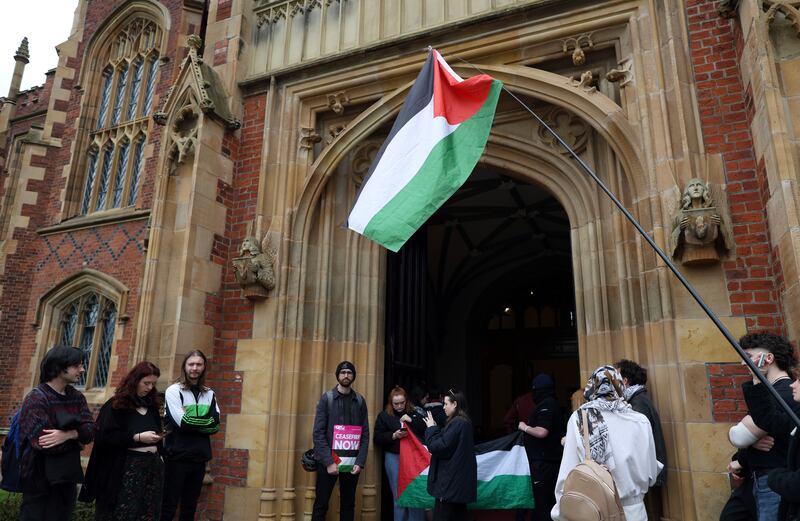 Protesters at Queen’s University in Belfast on Tuesday in support of Palestine.
PIC COLM LENAGHAN
