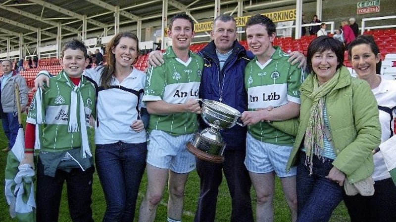 Siobhan McVey with husband Aiden and children, from left, Niall, Louise, Paul, Declan and Catherine, at the Derry senior football final in October 2009.                        