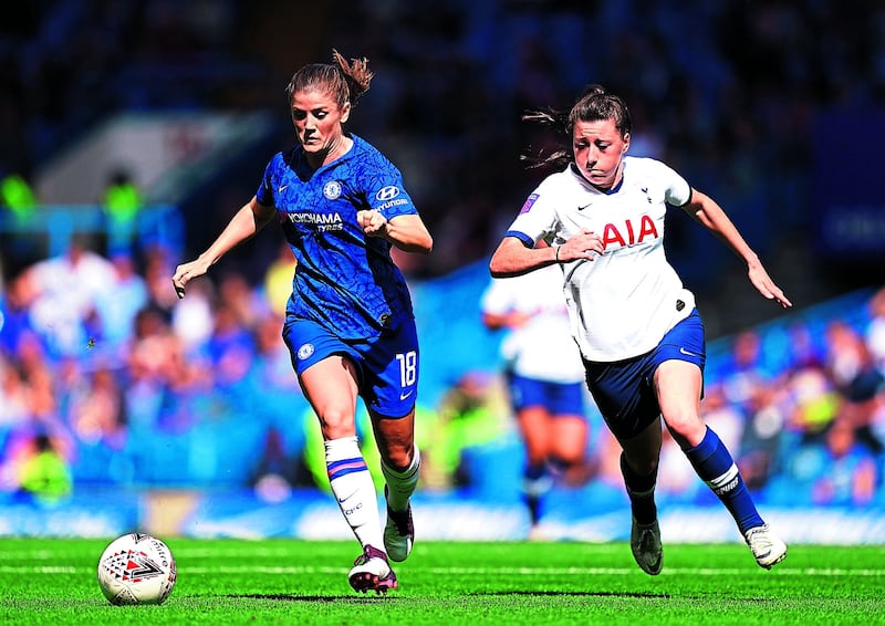 Chelsea's Maren Mjelde (left) and Tottenham Hotspur's Lucy Quinn battle for the ball during the FA Women's Super League match at Stamford Bridge, London on Sunday September 8, 2019.<br />Picture by John Walton/PA Wire.<br />&nbsp;