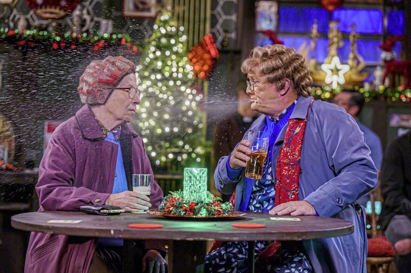 Mrs Brown&#39;s Boys returns with Christmas and New Year specials. Pictured are Winnie McGoogan (played by Eilish O&#39;Carroll) and Mrs Brown (Brendan O&#39;Carroll). Picture by PA Photo/BBC/Alan Peebles 