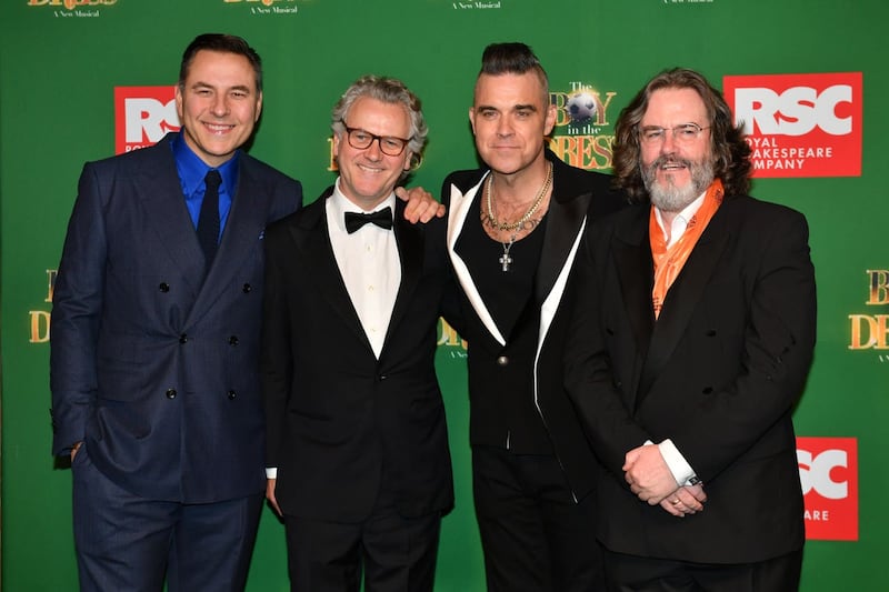 David Walliams, Guy Chambers, Robbie Williams and Gregory Doran attending the opening night of the Boy In The Dress at the Royal Shakespeare Company in Stratford Upon Avon