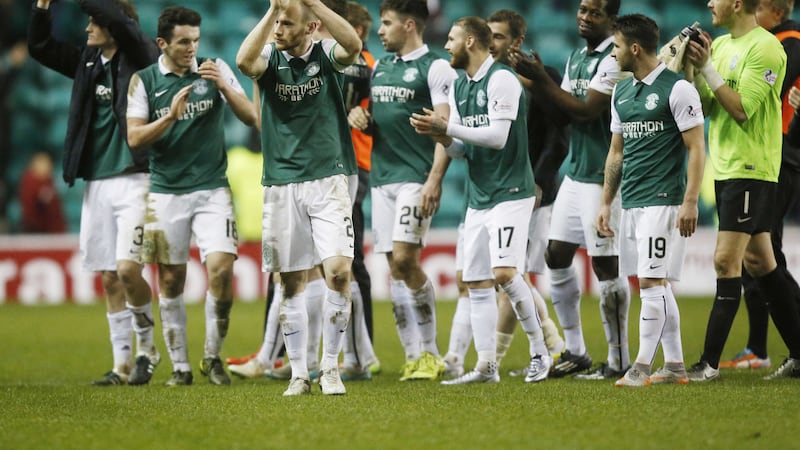 Hibs players salute their fans after Tuesday night's Scottish Cup victory over Edinburgh rivals Hearts<br />Picture by PA&nbsp;