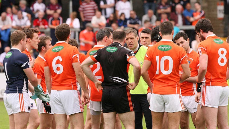 Armagh Kieran McGeeney addresses his players after they lost to Galway in the All-Ireland series 
