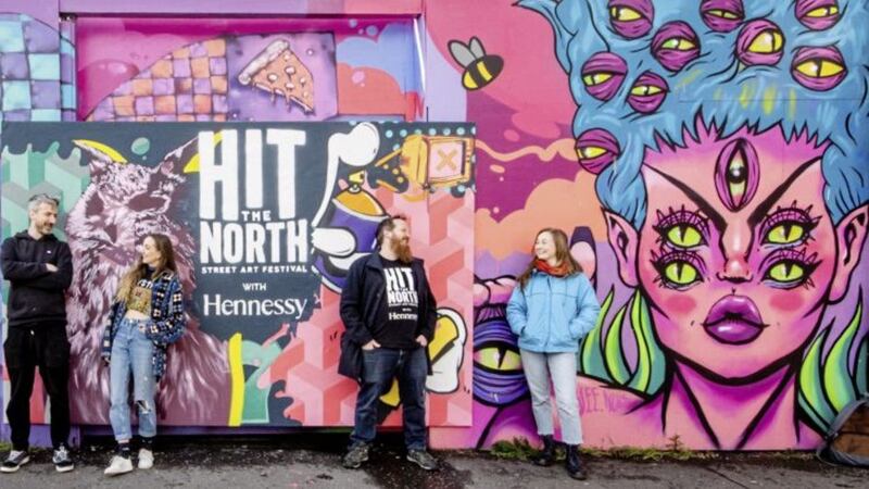 Sarah Harvey from Hennessy (left) pictured with artists Emic and HM Constance alongside Adam Turkington, Director of Seedhead Arts and artist Charys Wilson launching the 2022 &lsquo;Hit the North&rsquo; Street Art Festival 