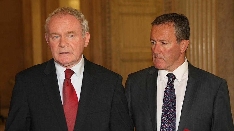 Conor Murphy and Deputy First Minister Martin McGuinness MLA pictured speaking to the media in the Great Hall, Stormont, last June 