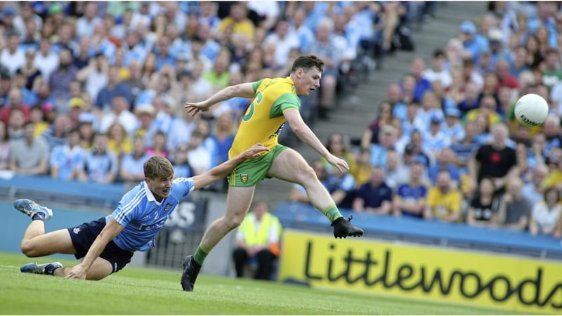 Donegal&#39;s Jamie Brennan shows off his style and pace to leave Dublin&#39;s Michael Fitzpatrick behind during the All-Ireland Senior Football Championship Super 8 clash at Croke Park, Dublin. Picture: Hugh Russell. 