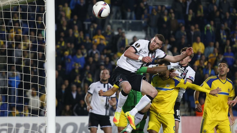 Dundalk's Stephen O'Donnell heads over during Thursday's Uefa Europa League Group D match against Maccabi Tel Aviv<br />Picture by AP&nbsp;