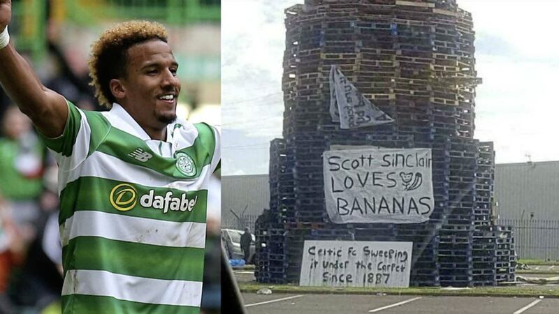 The banner was placed on a bonfire in the car park of Avoniel Leisure Centre 