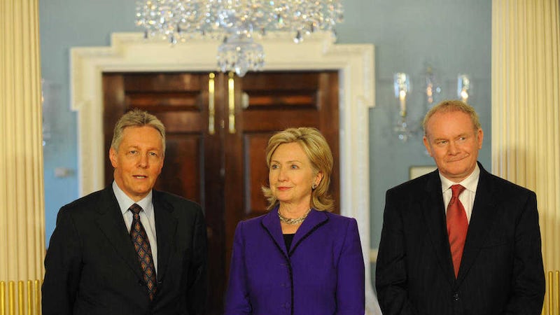 Then Secretary of State Hillary Clinton pictured with First Minister Peter Robinson and Deputy First Minister Martin McGuinness giving a press conference at the State Department in Washington DC. Picture John Harrison. 