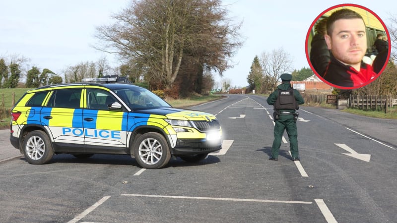 A police car and police officer blocking a road and an inset picture of Caolan Devlin
