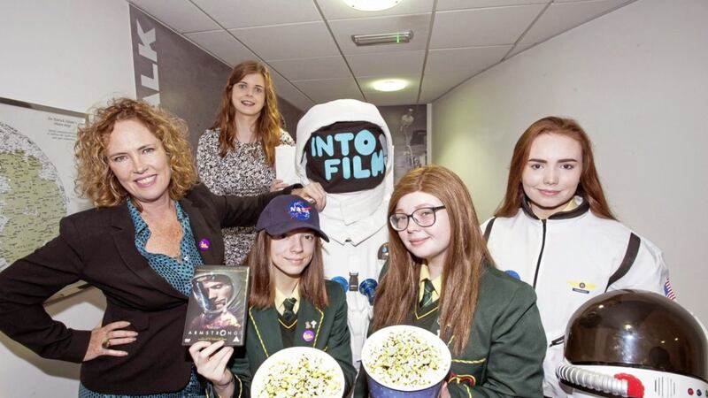 Ready for launch as the Into Film Festival blasts off on November 6. Pictured are St Catherine&#39;s College Armagh teacher Kerry Nesbitt with Into Film&rsquo;s Lorraine Magee and Year 12 pupils Ciara Guy, Louise Grimley and Kacey Quigley 