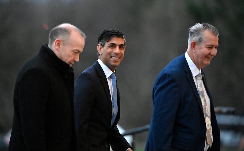 Prime Minister Rishi Sunak, centre, met Northern Ireland Secretary Chris Heaton-Harris, left, and newly appointed speaker of the Northern Ireland Assembly Edwin Poots