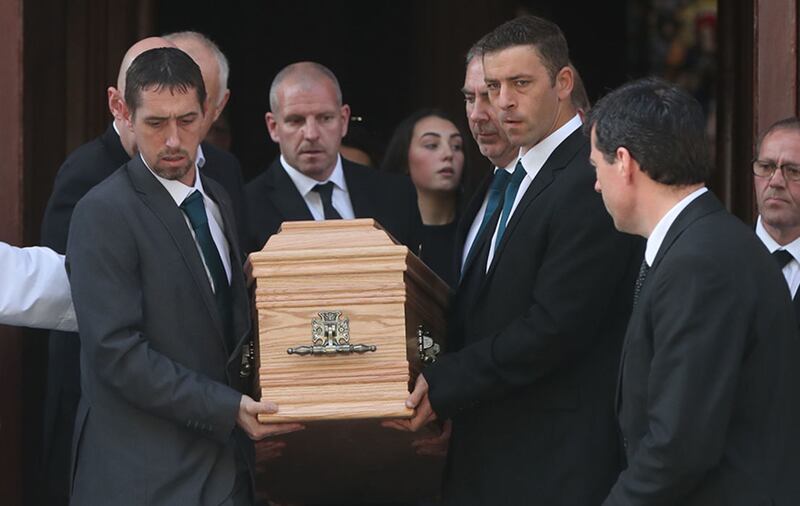 The coffin of Emma Mhic Mhath&uacute;na, one of the most high-profile victims of Ireland's cervical smear test controversy, is carried from St Mary's Pro-Cathedral in Dublin following her funeral Mass&nbsp;