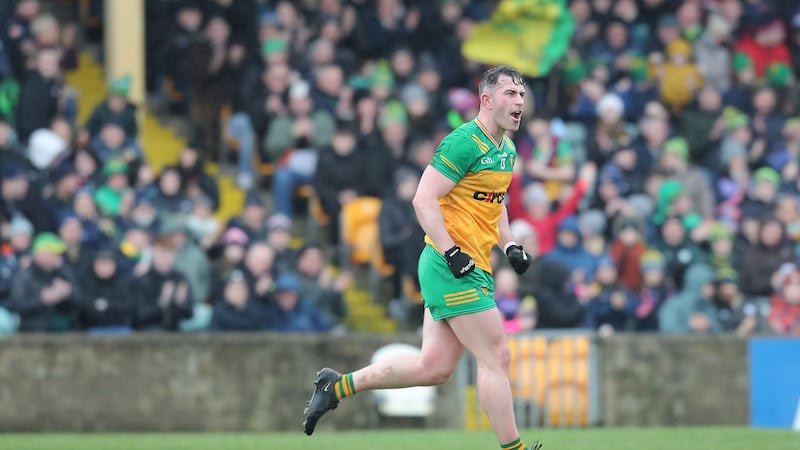 Donegal captain Patrick McBrearty roars away from the net to celebrate a goal against of Cork