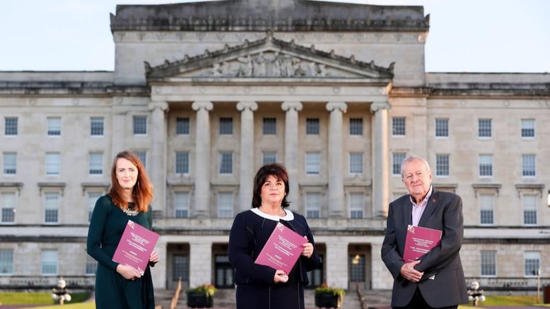 &nbsp;Dr Maeve O'Rourke, Deirdre Mahon (Chair) and Professor Phil Scraton outside Stormont, at the official launch of Truth Recovery Design Panel Report entitled 'Mother and Baby Institutions, Magdalene Laundries and Workhouses in Northern Ireland - Truth, Acknowledgement and Accountability'