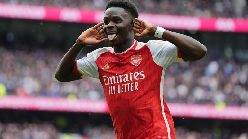 Bukayo Saka celebrates scoring Arsenal’s second goal