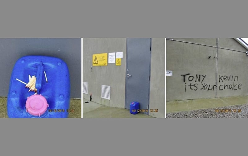 A can of petrol and matches left in December 2015 at the door of a windfarm substation at Molly Mountain, in which Tony and Kevin Lunney are shareholders, along with threatening graffiti 
