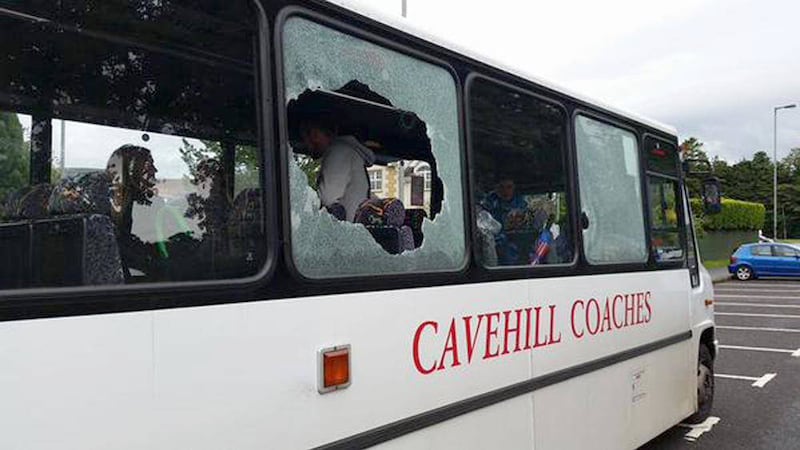 The bus that was attacked in Dungiven while carrying people home from the Apprentice Boys Parade on Saturday. 