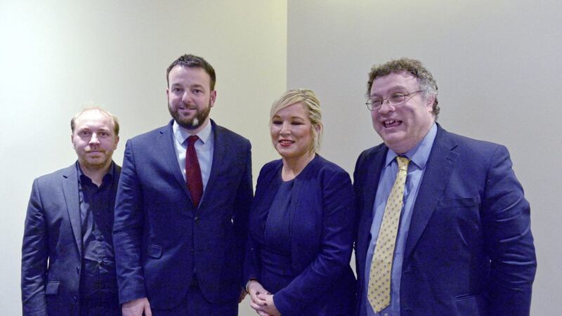 From left, Green Party leader Steven Agnew, SDLP leader Colum Eastwood, Sinn F&eacute;in vice-president Michelle O&#39;Neill and Alliance Party MLA Stephen Farry, after a press conference on Brexit at the Foreign Press Association in central London PICTURE: Nick Ansell/PA 