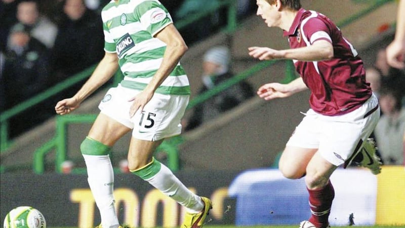 CAUGHT ON KAMARA: Celtic&rsquo;s Diomansay Kamara shields the ball from Hearts&rsquo; Michael Stewart at Celtic Park on 