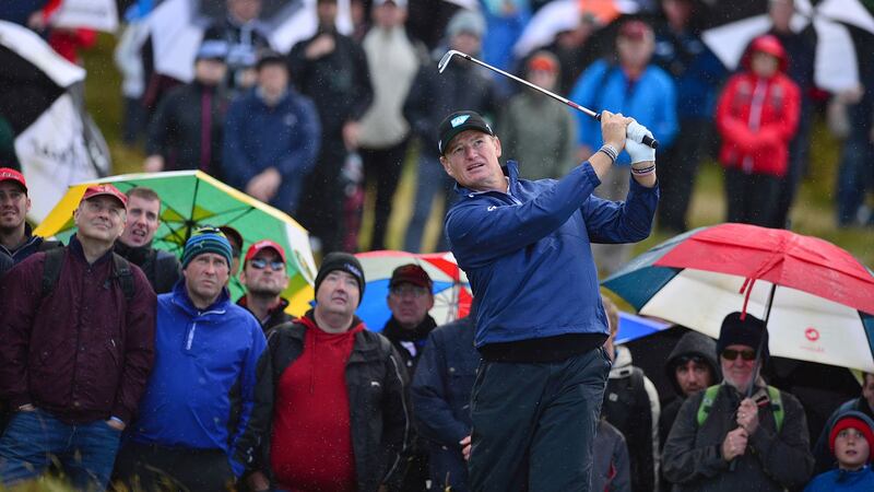 Ernie Els chips in during day one of the Dubai Duty Free Irish Open, hosted by the Rory Foundation, at Royal County Down Golf Club in Newcastle on May 28 2015