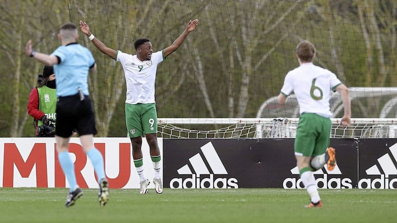 Republic of Ireland striker Jonathan Afolabi celebrates scoring their side&#39;s second goal of the game during the Under 21 international friendly against Wales in March 
